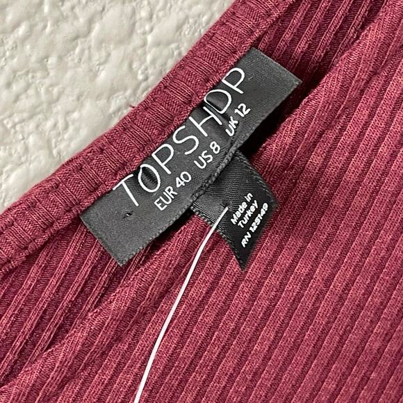 Topshop Ribbed Maroon Bodycon Lettuce Hem Long Sleeve Fall V neck Midi Dress 8 - Picture 4 of 10